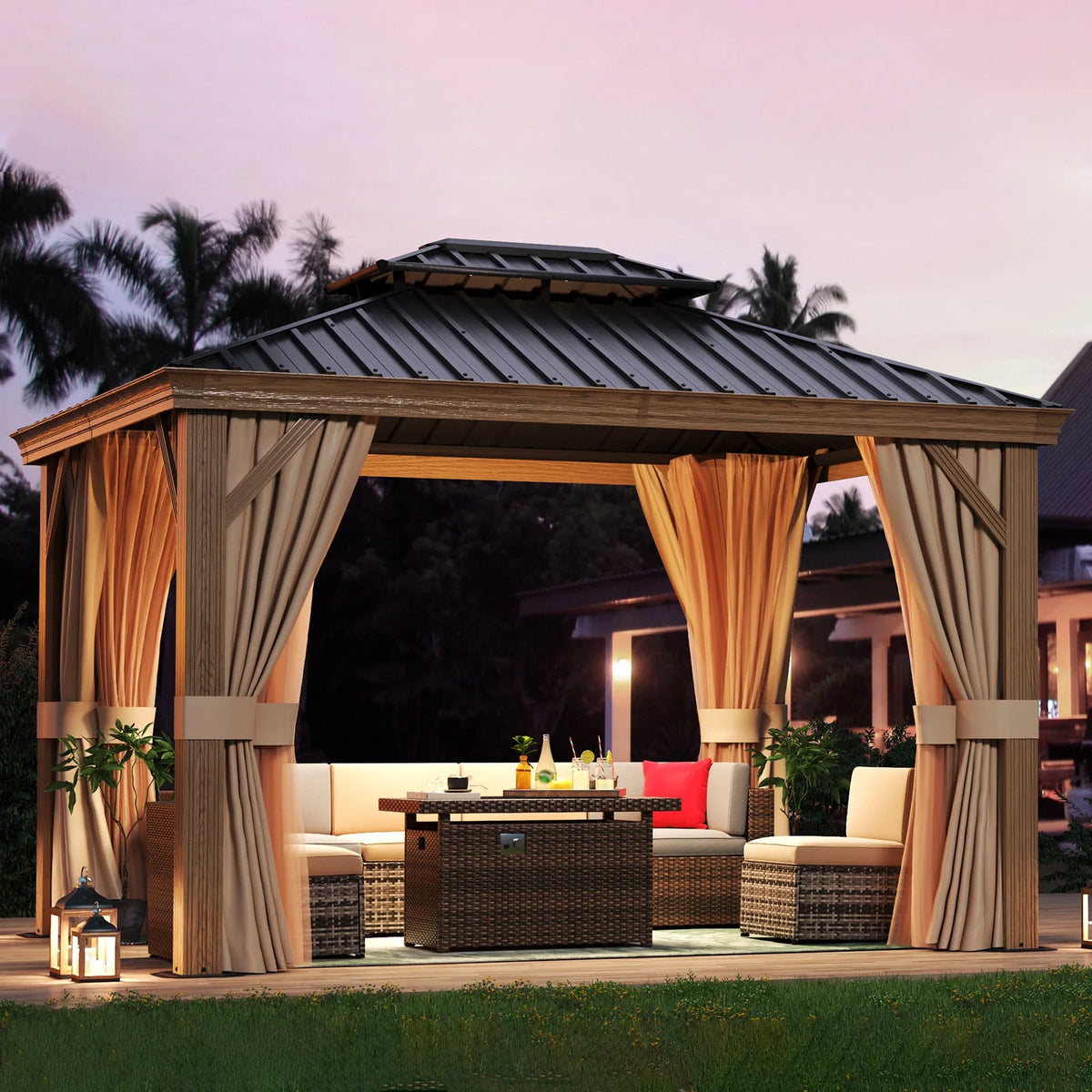 10x12FT Aluminum Frame Hardtop Gazebo with Netting and Curtains Z602943