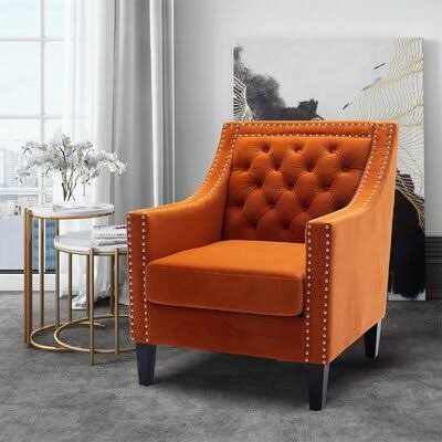 Orange Velvet Accent Armchair with Solid Wood Legs J389