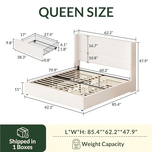King Size White Corduroy Upholstered Platform Bed Frame with 4 Storage Drawers I23692