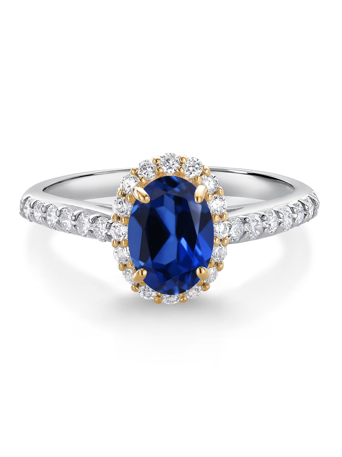 10K White Gold Blue Created Sapphire Lab Grown Diamond Halo Engagement Ring (1.31 Cttw, Oval 7X5MM) Y411