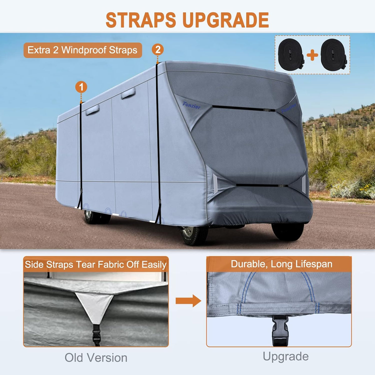 Windproof Waterproof Rip-Stop RV Cover for 23’-26’ Motorhome with 2Pcs Extra Long Straps & Gutter Covers X19081