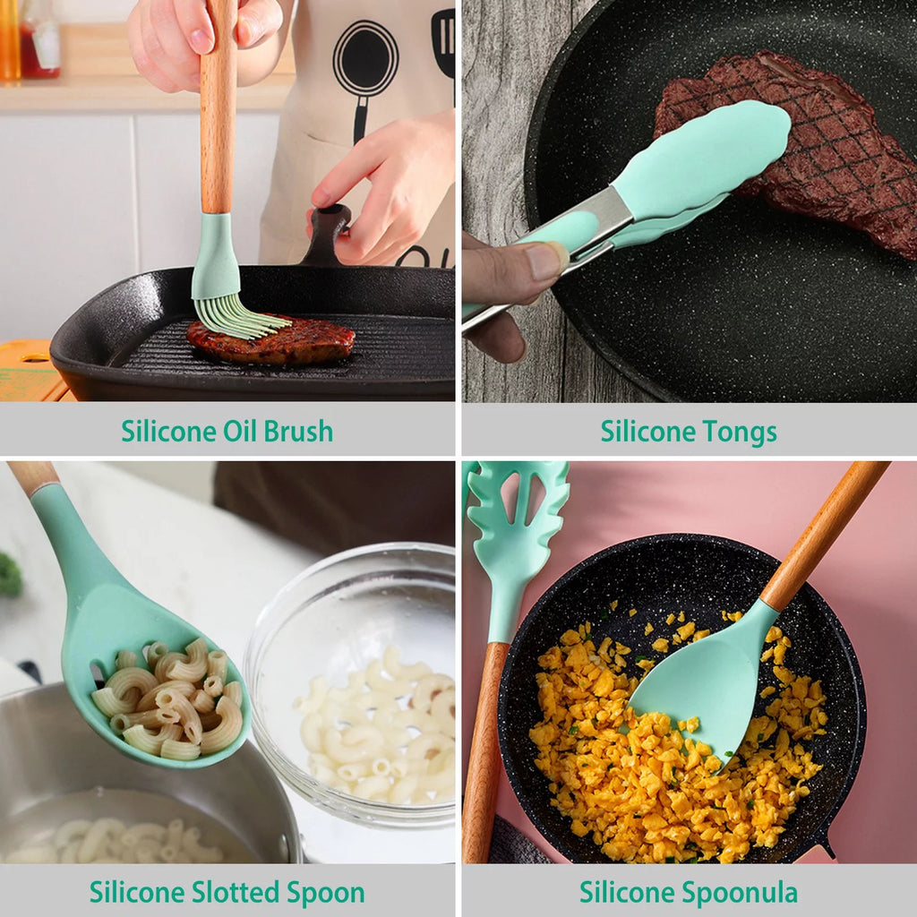 11-Piece Silicone Cooking Utensil Set with Wooden Handles, Green A5851