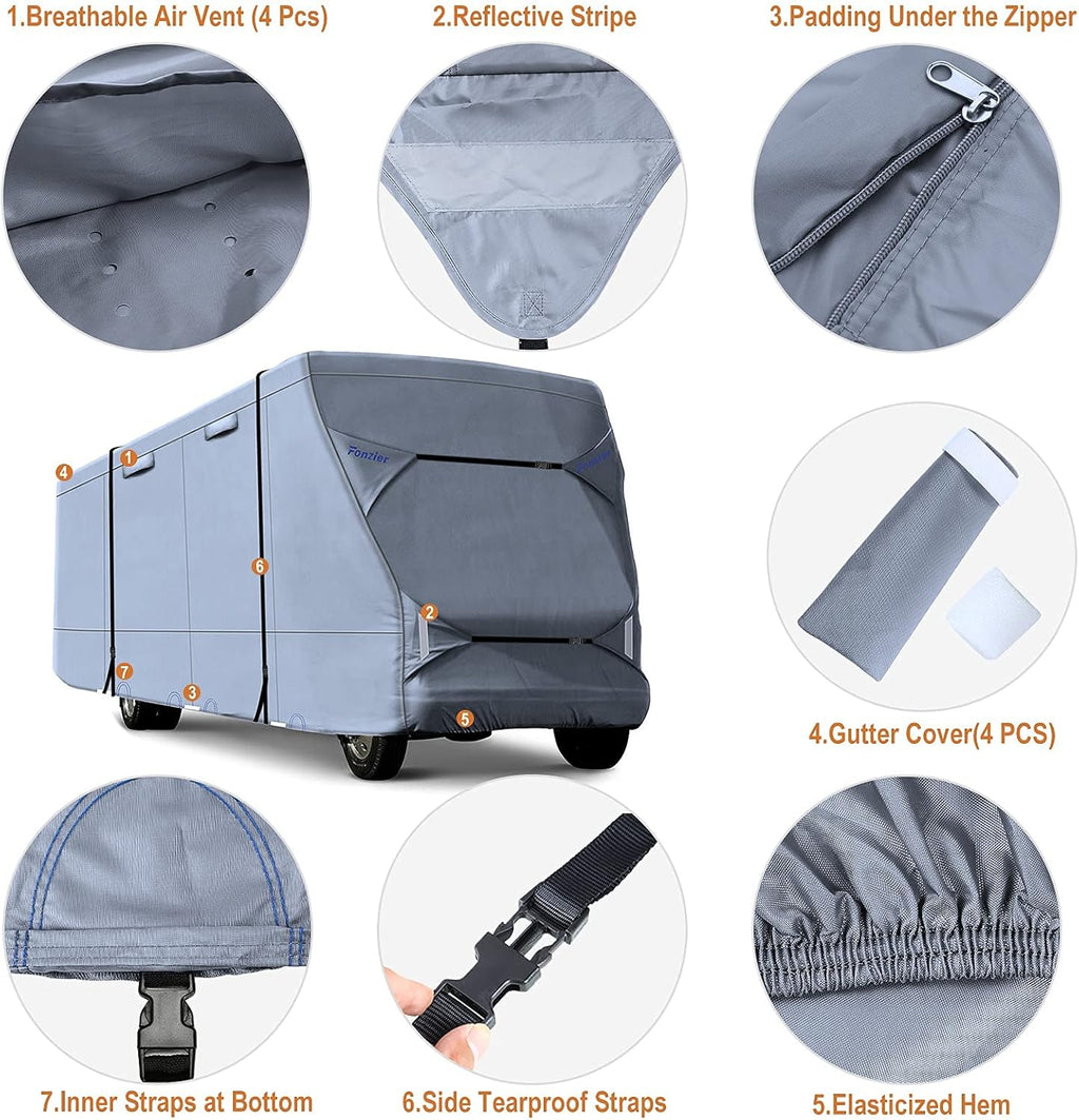 Windproof Waterproof Rip-Stop RV Cover for 23’-26’ Motorhome with 2Pcs Extra Long Straps & Gutter Covers X19081