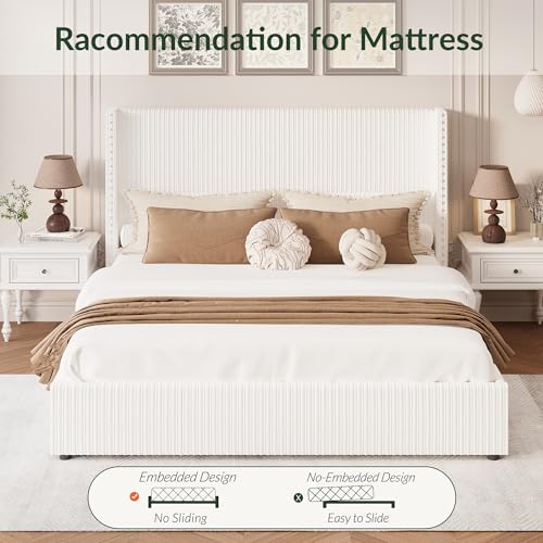 King Size White Corduroy Upholstered Platform Bed Frame with 4 Storage Drawers I23692