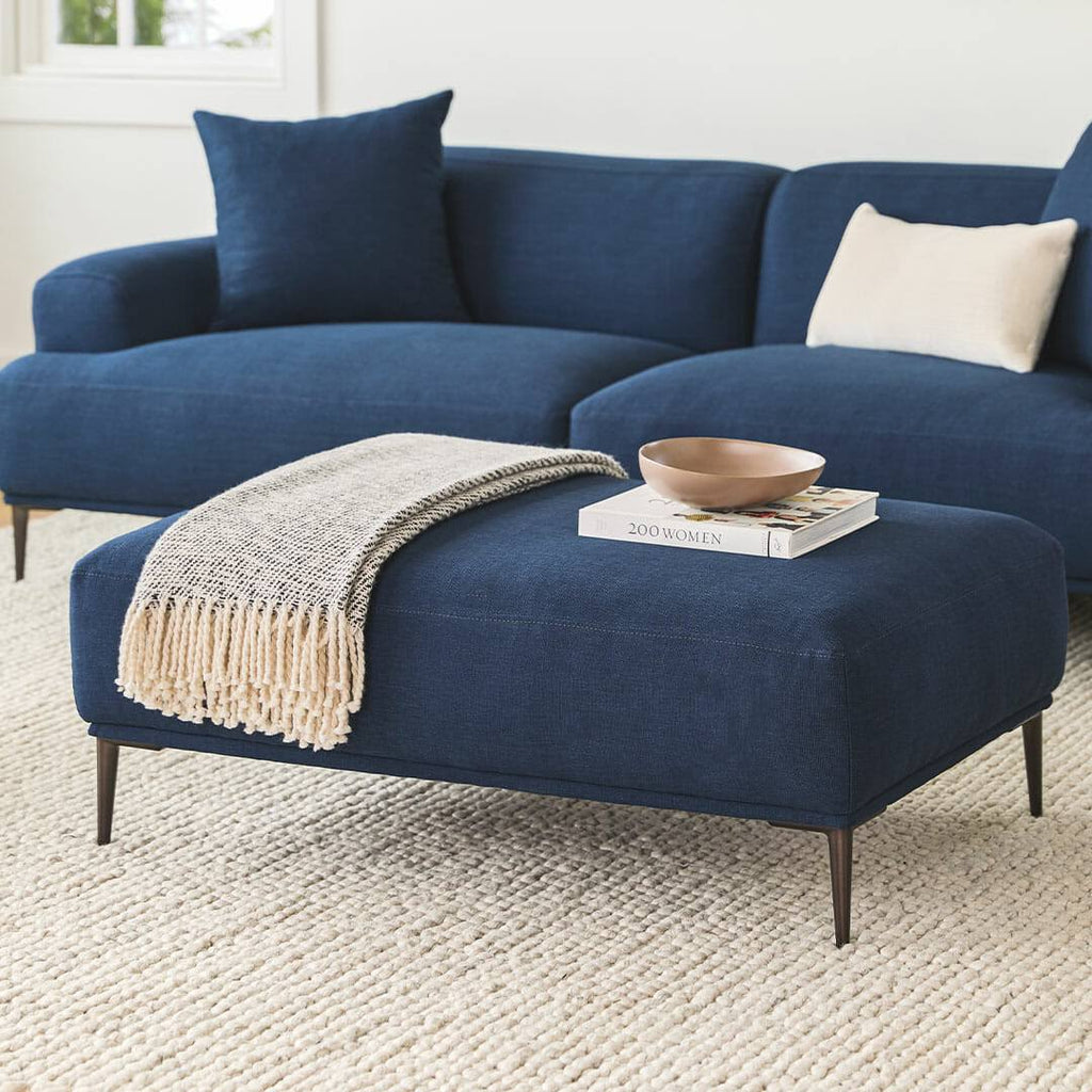 Blue Fabric Ottoman with Black Metal Legs L993