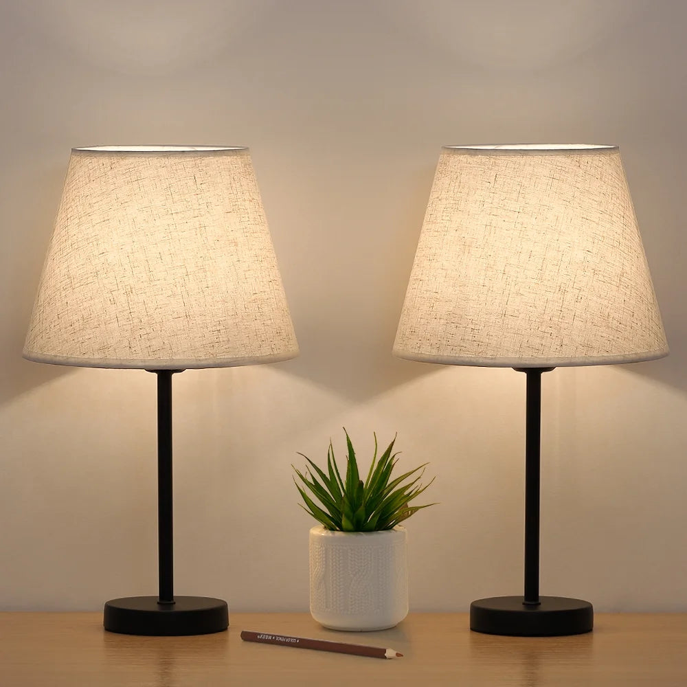 Set of 2 Black Metal Bedside Lamp with White Linen Shade X931416