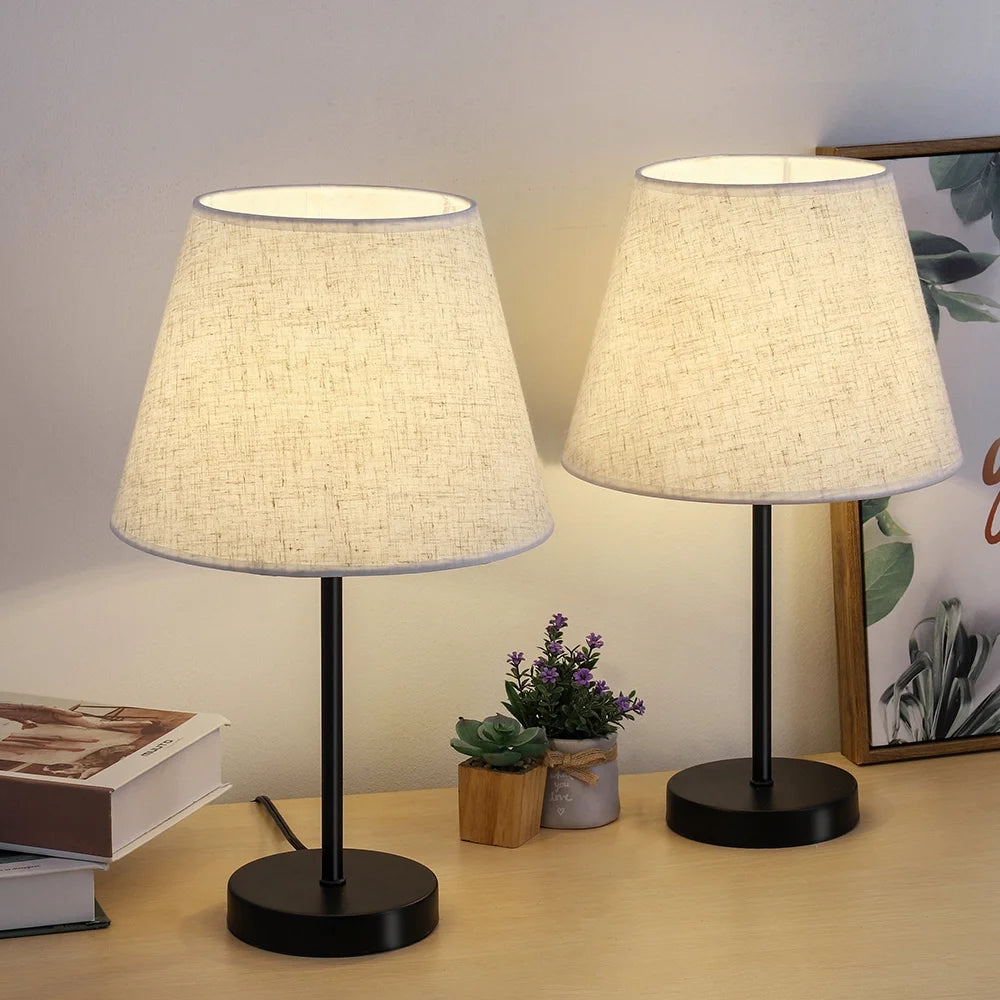 Set of 2 Black Metal Bedside Lamp with White Linen Shade X931416